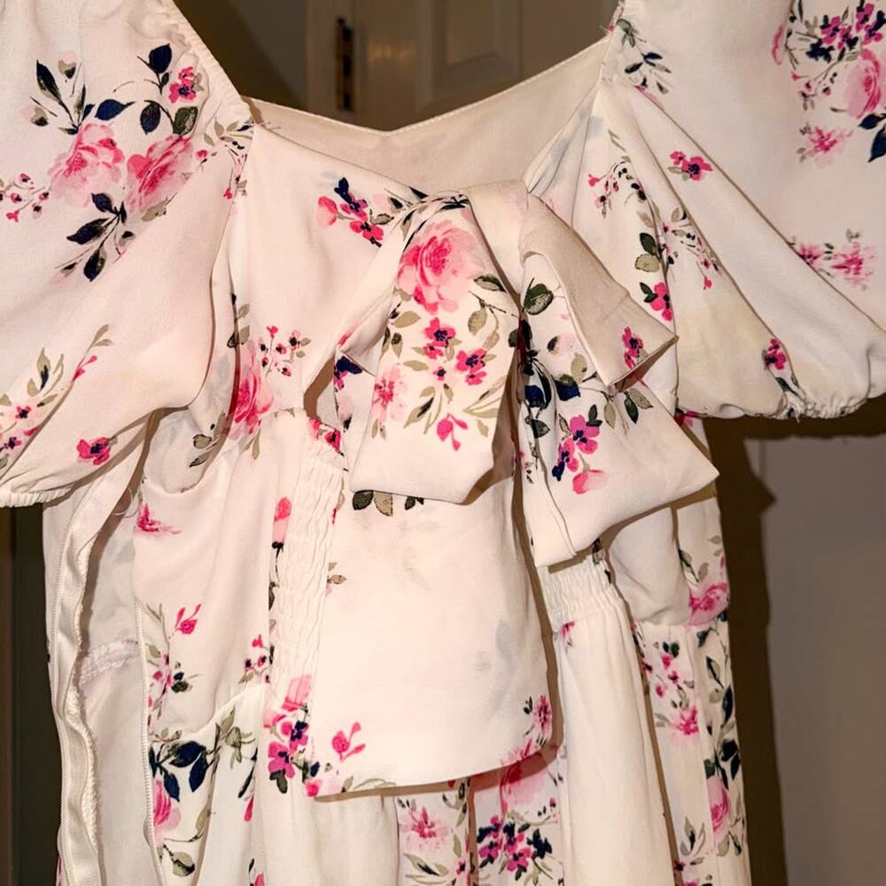 White Pink Floral Print Puff Sleeve Tie Front Mini Dress Size Small - Picture 2 of 3
